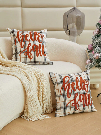 LCUHPCL 1pc All Season Commute Autumn/Winter Plaid Hello Fall Embroidered Pillow Case, Home Decor Suitable For Living Room, Bedroom, Party And Various Environments