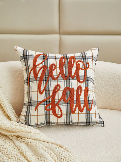 LCUHPCL 1pc All Season Commute Autumn/Winter Plaid Hello Fall Embroidered Pillow Case, Home Decor Suitable For Living Room, Bedroom, Party And Various Environments