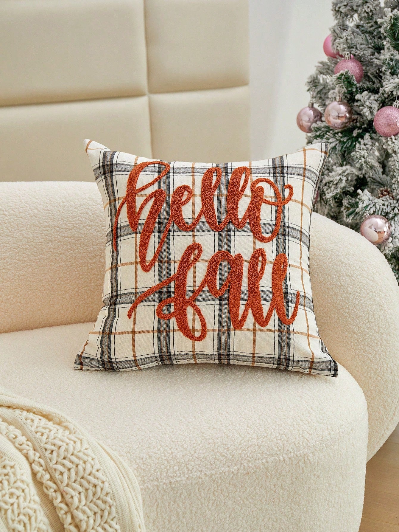 LCUHPCL 1pc All Season Commute Autumn/Winter Plaid Hello Fall Embroidered Pillow Case, Home Decor Suitable For Living Room, Bedroom, Party And Various Environments