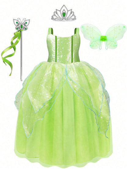 Light Up Dress For Girls Halloween Costume Toddler Fairy Dress & Wings Green Fairy Girls Costume Princess Ball Gown Kids Birthday Party Cosplay Dress Up