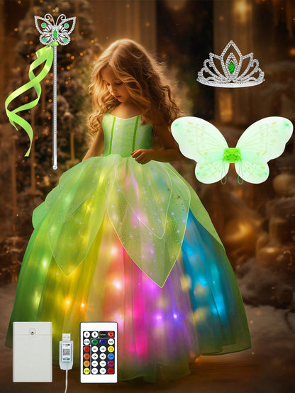 Light Up Dress For Girls Halloween Costume Toddler Fairy Dress & Wings Green Fairy Girls Costume Princess Ball Gown Kids Birthday Party Cosplay Dress Up