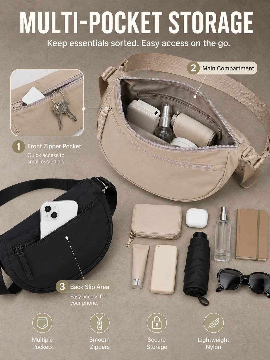 Lightweight Bum Bags, Multi-Layered Design, Casual, Stylish, And Versatile, Perfect For Outdoor Sports, Campus Life, Cycling, Hiking, Camping, And Vacations/ A Great Choice For The Back-To-School Sea