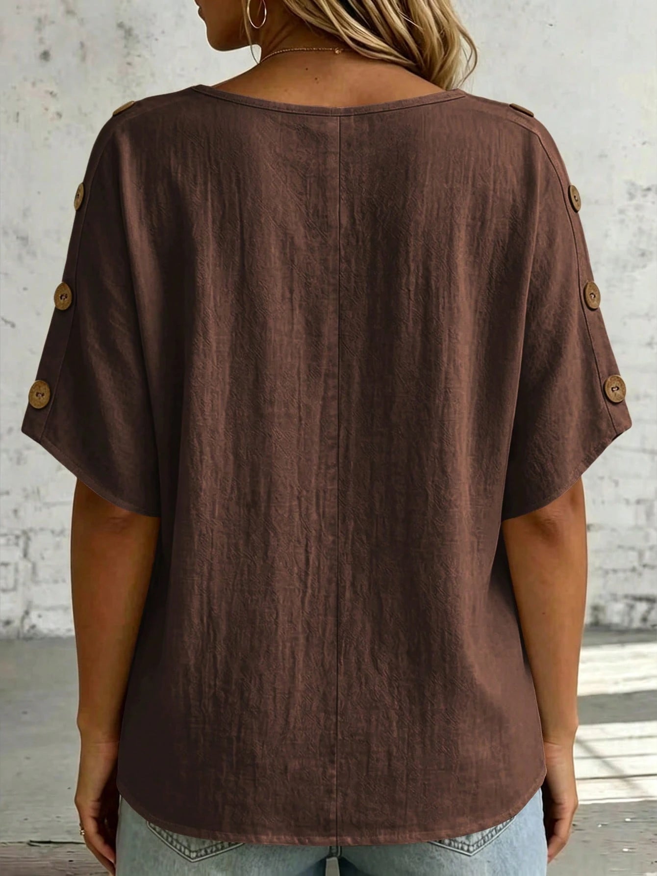 Linhara CURVE Plus Size Women's Textured Fashion Button Shirt For Vacation And Daily Wear Beach Brown Summer Casual Gothic Modest