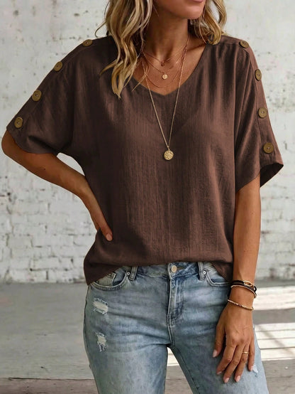 Linhara CURVE Plus Size Women's Textured Fashion Button Shirt For Vacation And Daily Wear Beach Brown Summer Casual Gothic Modest