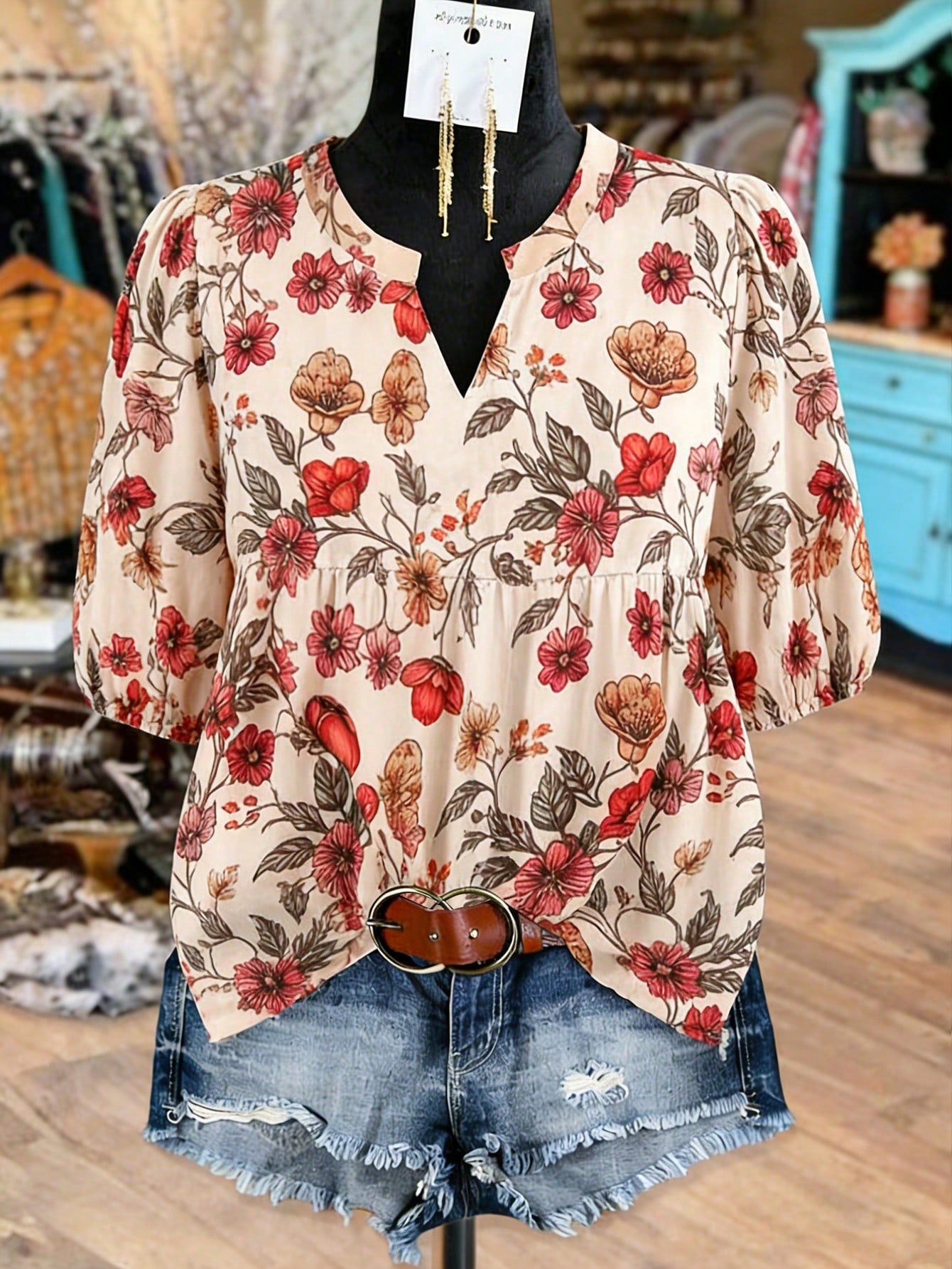 Linhara Zanzea Plus Size Women V-Neck Printed Blouse,Beige Summer Boho Vacation Holiday Floral Print Top,Elegant Casual New Arrival Beautiful Latest Tops Fall