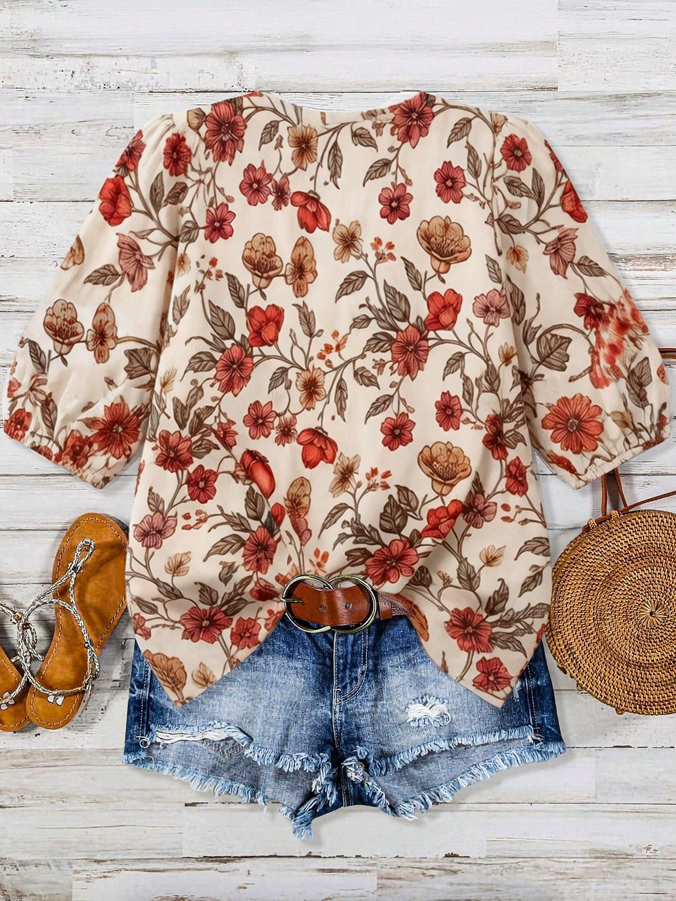 Linhara Zanzea Plus Size Women V-Neck Printed Blouse,Beige Summer Boho Vacation Holiday Floral Print Top,Elegant Casual New Arrival Beautiful Latest Tops Fall
