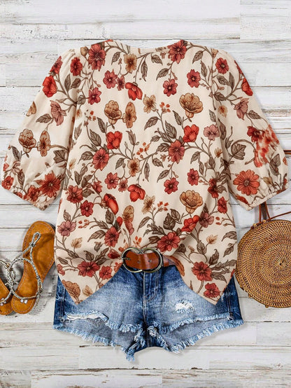 Linhara Zanzea Plus Size Women V-Neck Printed Blouse,Beige Summer Boho Vacation Holiday Floral Print Top,Elegant Casual New Arrival Beautiful Latest Tops Fall