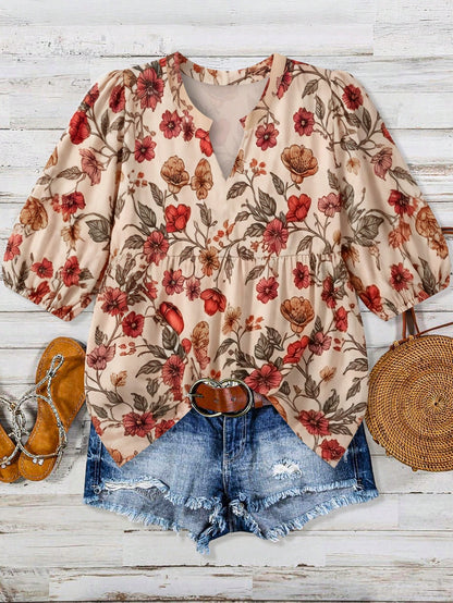 Linhara Zanzea Plus Size Women V-Neck Printed Blouse,Beige Summer Boho Vacation Holiday Floral Print Top,Elegant Casual New Arrival Beautiful Latest Tops Fall