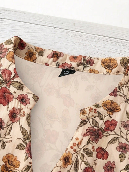 Linhara Zanzea Plus Size Women V-Neck Printed Blouse,Beige Summer Boho Vacation Holiday Floral Print Top,Elegant Casual New Arrival Beautiful Latest Tops Fall