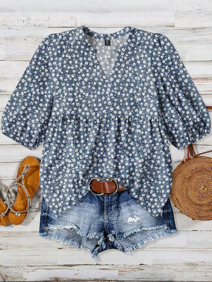 Linhara Zanzea Plus Size Women V-Neck Printed Blouse,Beige Summer Boho Vacation Holiday Floral Print Top,Elegant Casual New Arrival Beautiful Latest Tops Fall