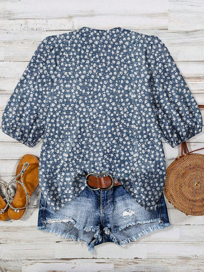 Linhara Zanzea Plus Size Women V-Neck Printed Blouse,Beige Summer Boho Vacation Holiday Floral Print Top,Elegant Casual New Arrival Beautiful Latest Tops Fall