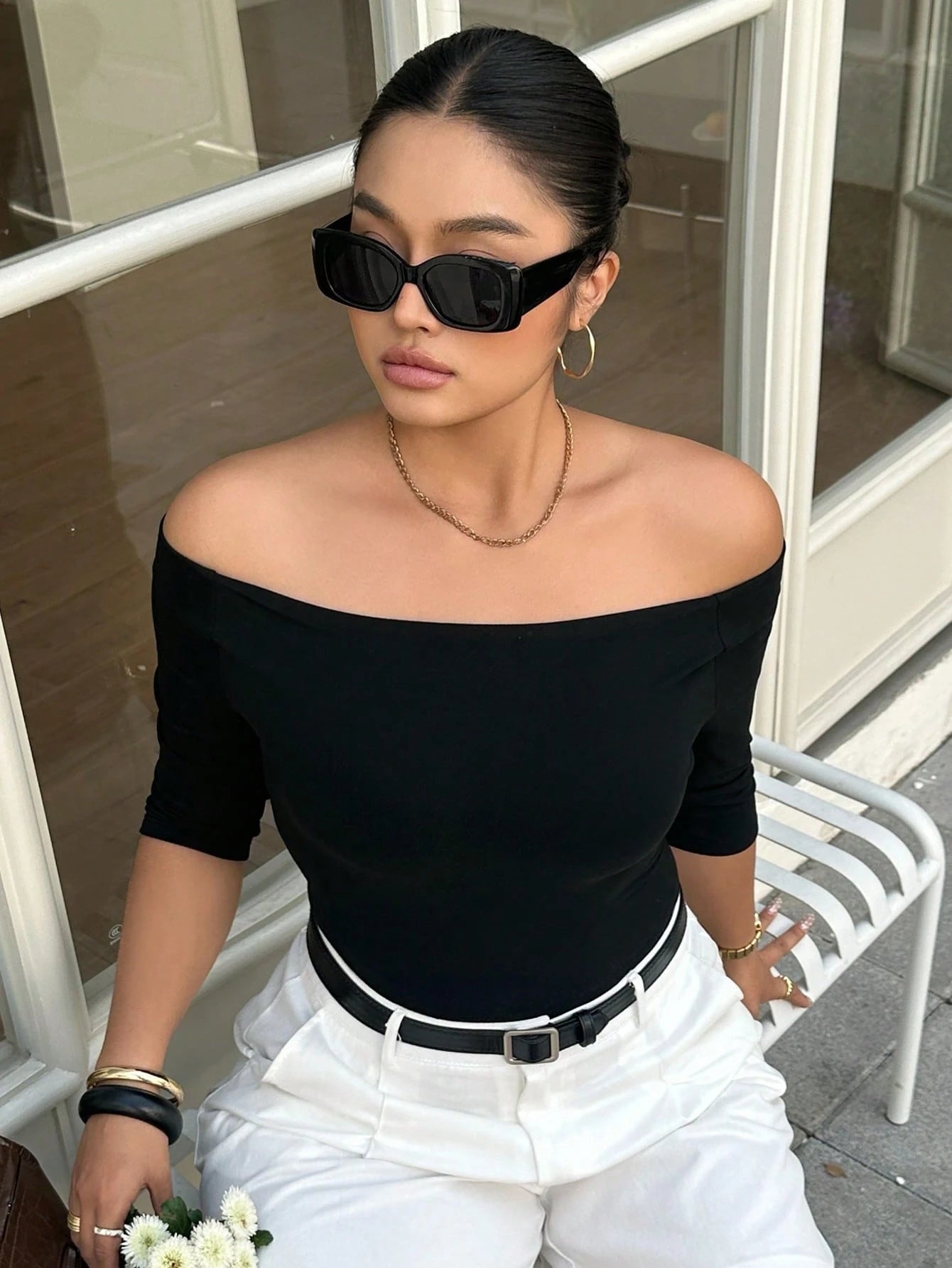 Livesso Plus Size Solid Color Off-Shoulder Fitted Elegant Fashion T-Shirt Summer Going Out Tops