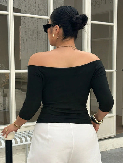 Livesso Plus Size Solid Color Off-Shoulder Fitted Elegant Fashion T-Shirt Summer Going Out Tops