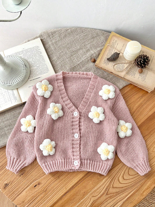 LMoss Kids LMoss Baby Girl Cute Floral 3D Knit Long Sleeve Cardigan, Autumn Winter