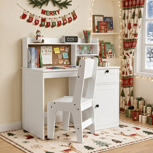 Lofka Kids Study Desk And Chair Set, Kids Study Desk With Hutch, Wooden Children Study Table With Storage Cabinet, Study Desk And Chair Set For Girls Boys, White
