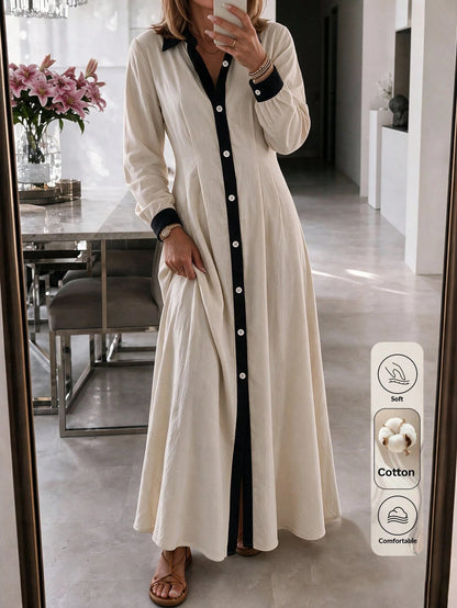 Louniche Elegant Vacation All Cotton Fabric Apricot & Black Contrast Color Shirt Collar Women's Apricot A-Line Dress