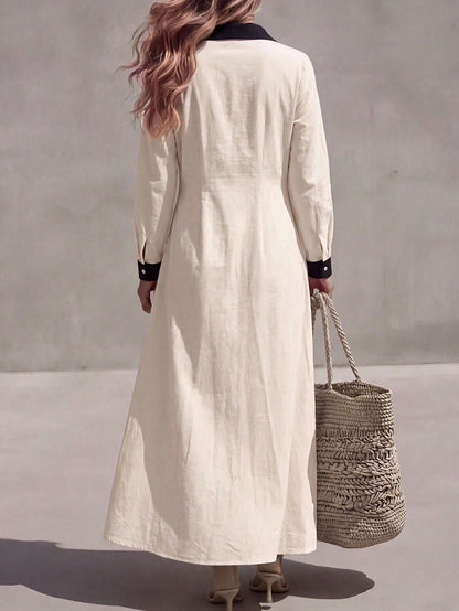 Louniche Elegant Vacation All Cotton Fabric Apricot & Black Contrast Color Shirt Collar Women's Apricot A-Line Dress