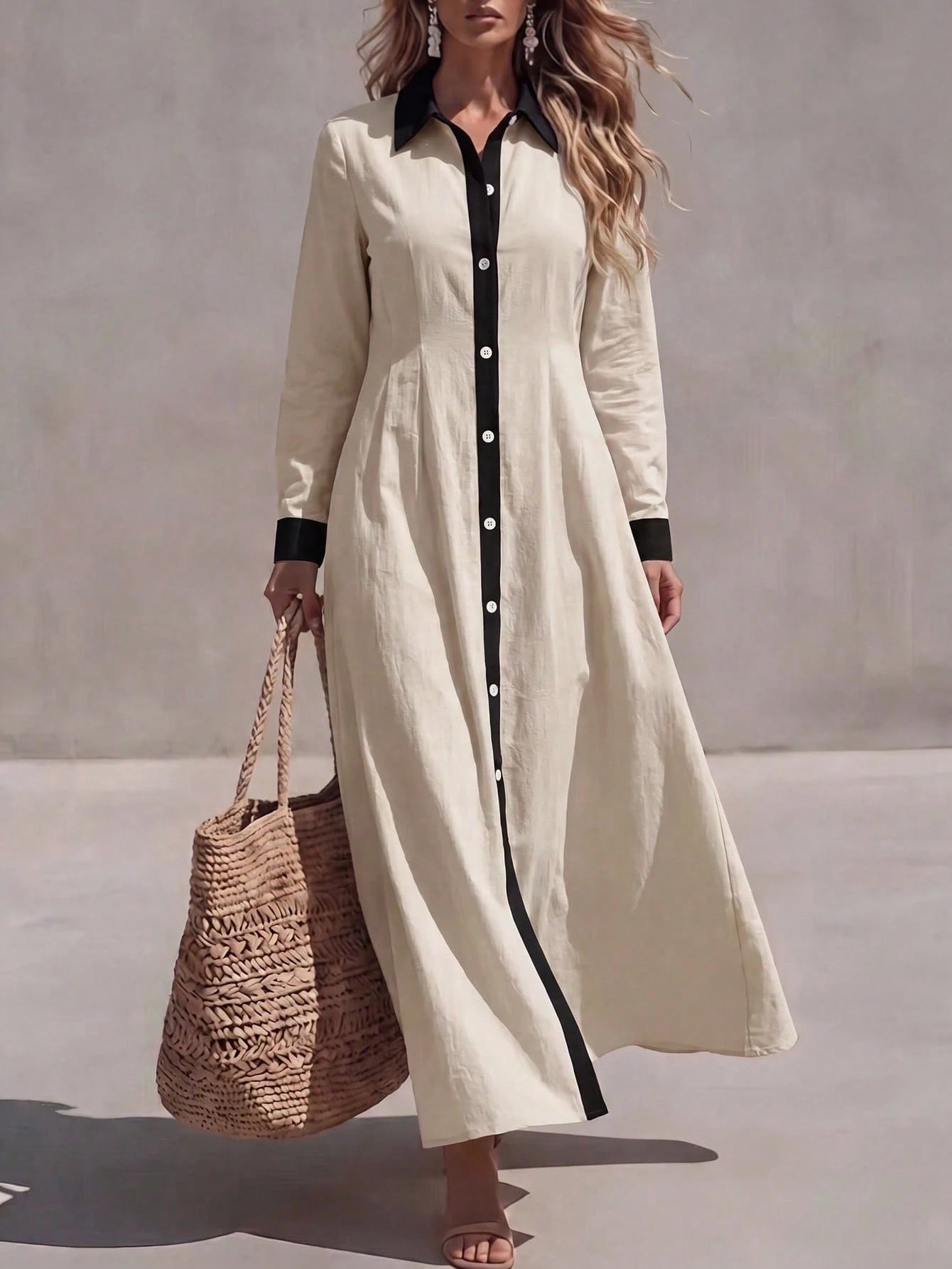 Louniche Elegant Vacation All Cotton Fabric Apricot & Black Contrast Color Shirt Collar Women's Apricot A-Line Dress