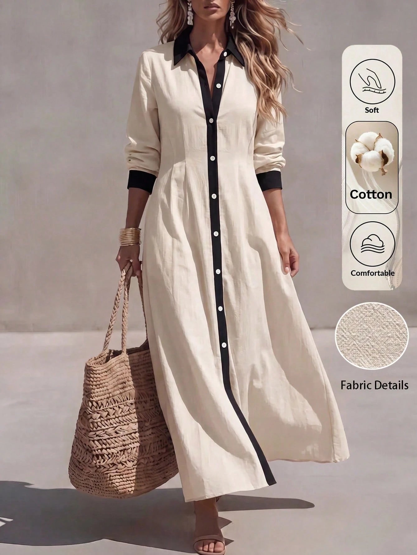 Louniche Elegant Vacation All Cotton Fabric Apricot & Black Contrast Color Shirt Collar Women's Apricot A-Line Dress