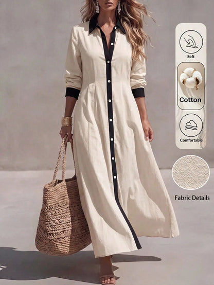 Louniche Elegant Vacation All Cotton Fabric Apricot & Black Contrast Color Shirt Collar Women's Apricot A-Line Dress