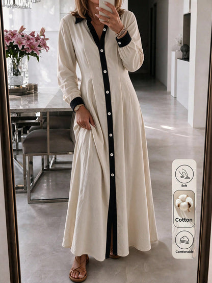 Louniche Elegant Vacation All Cotton Fabric Apricot & Black Contrast Color Shirt Collar Women's Apricot A-Line Dress