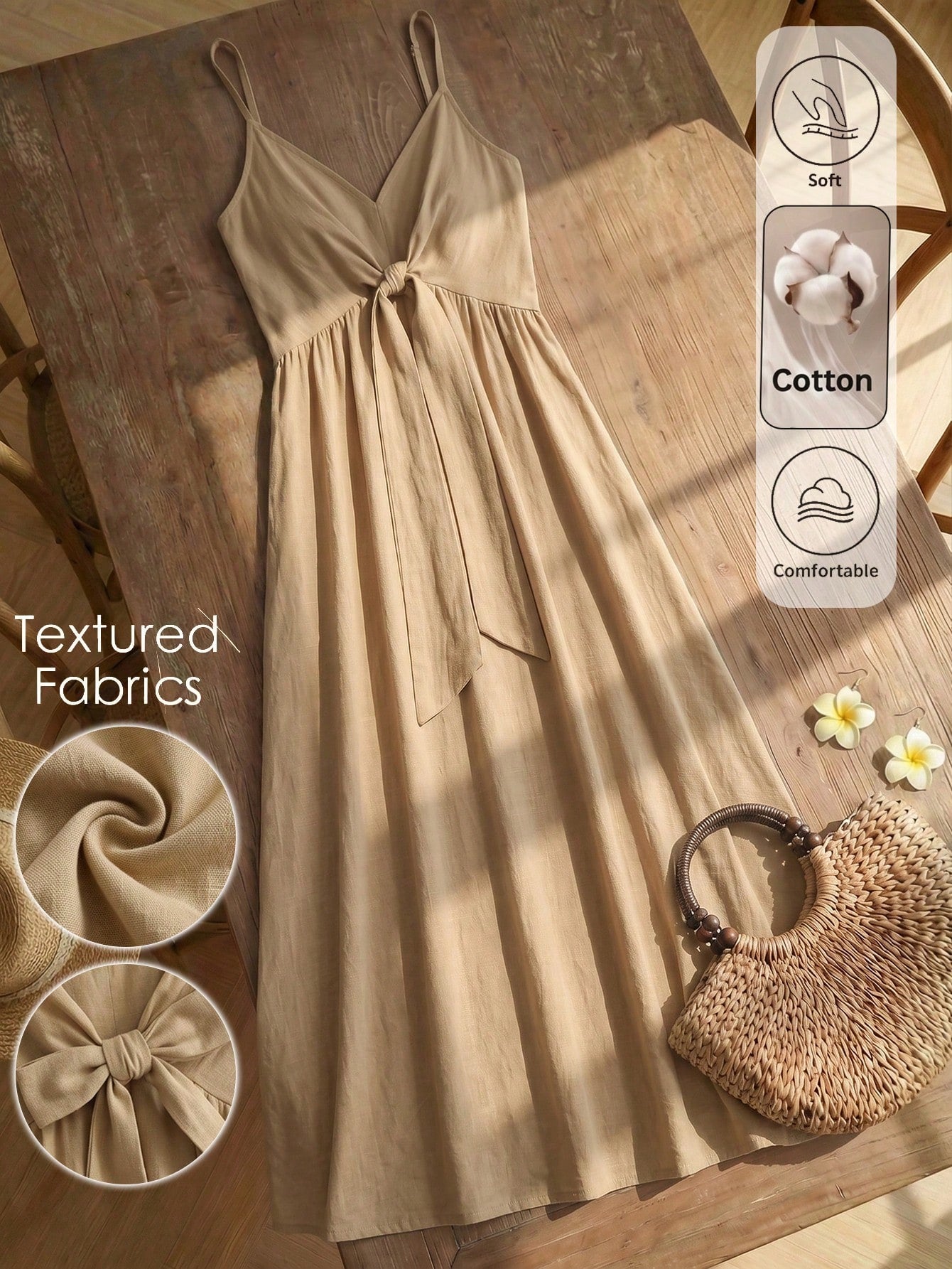 Louniche Women's Autumn/Winter Casual Pure Cotton Front Tie Design Spaghetti Strap Dress, Suitable For Vacation, Daily Wear, Shopping