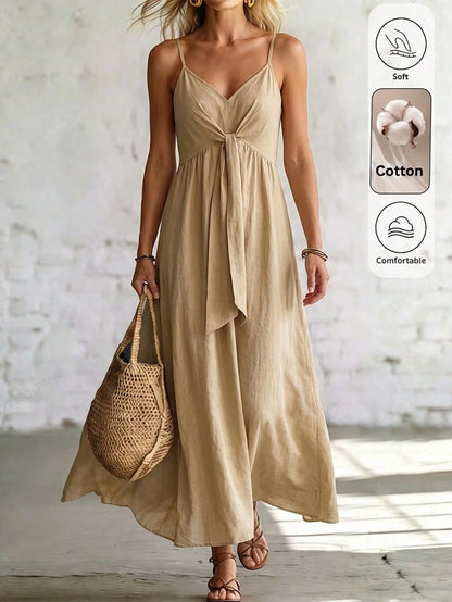 Louniche Women's Autumn/Winter Casual Pure Cotton Front Tie Design Spaghetti Strap Dress, Suitable For Vacation, Daily Wear, Shopping