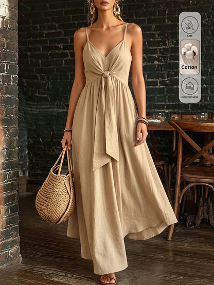 Louniche Women's Autumn/Winter Casual Pure Cotton Front Tie Design Spaghetti Strap Dress, Suitable For Vacation, Daily Wear, Shopping