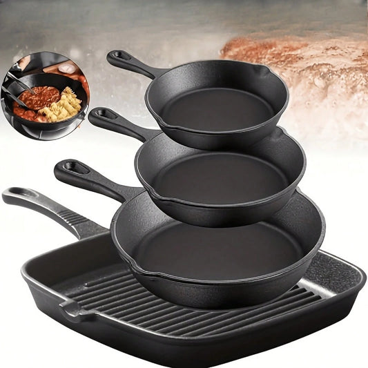 LOVEWE 4-Piece Cast Iron Frying Pan Set, Anti-Splash Non-Stick Steak Skillets, Oven, Perfect For Outdoor Camping, Picnic & Holiday Use