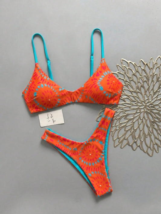 Lucky Girl Summer Women's Blue & Orange Asymmetrical Dot Print Tie-Back 2-Piece Bikini Set Vacation Beach