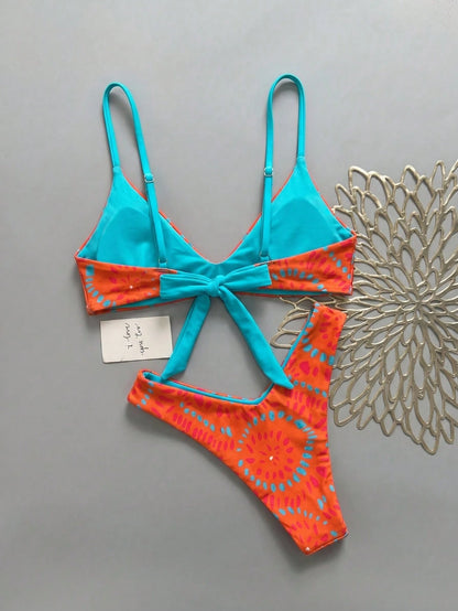 Lucky Girl Summer Women's Blue & Orange Asymmetrical Dot Print Tie-Back 2-Piece Bikini Set Vacation Beach