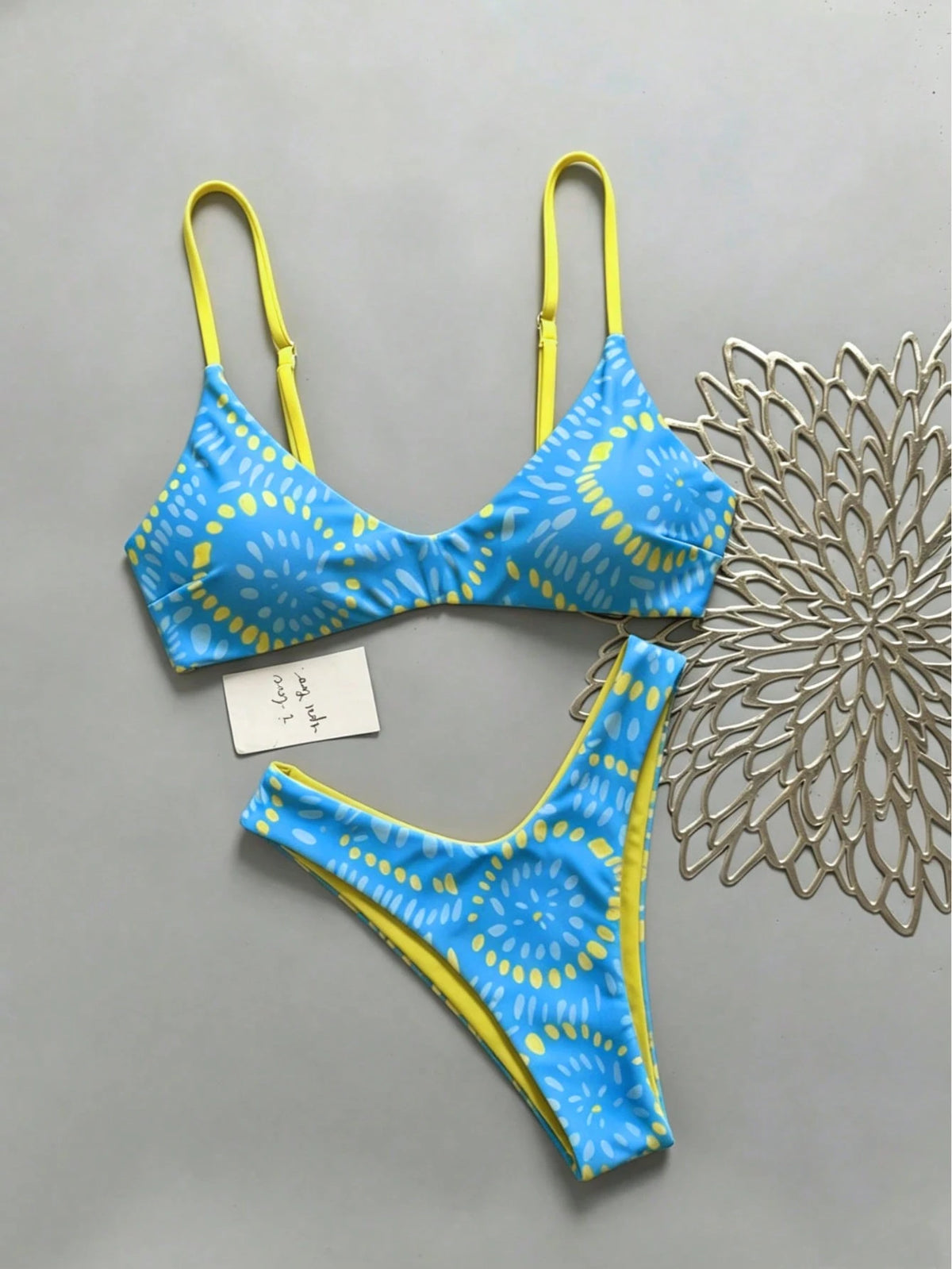 Lucky Girl Summer Women's Blue & Orange Asymmetrical Dot Print Tie-Back 2-Piece Bikini Set Vacation Beach