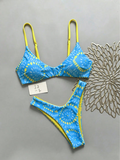 Lucky Girl Summer Women's Blue & Orange Asymmetrical Dot Print Tie-Back 2-Piece Bikini Set Vacation Beach