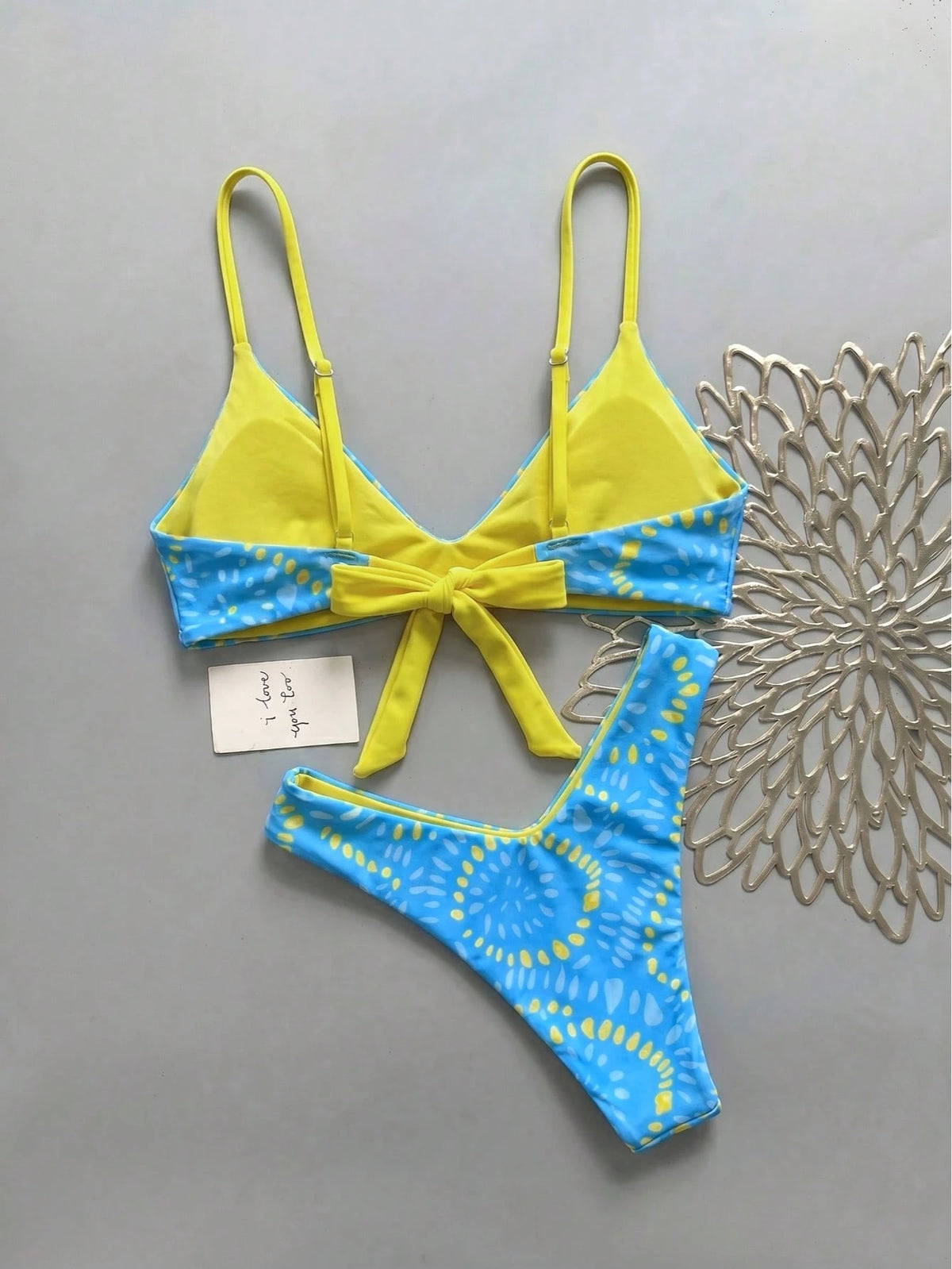 Lucky Girl Summer Women's Blue & Orange Asymmetrical Dot Print Tie-Back 2-Piece Bikini Set Vacation Beach