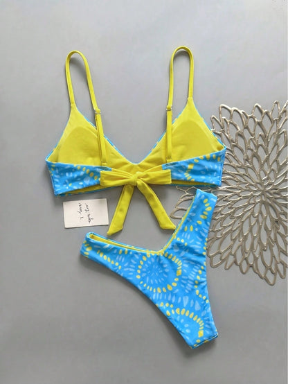 Lucky Girl Summer Women's Blue & Orange Asymmetrical Dot Print Tie-Back 2-Piece Bikini Set Vacation Beach