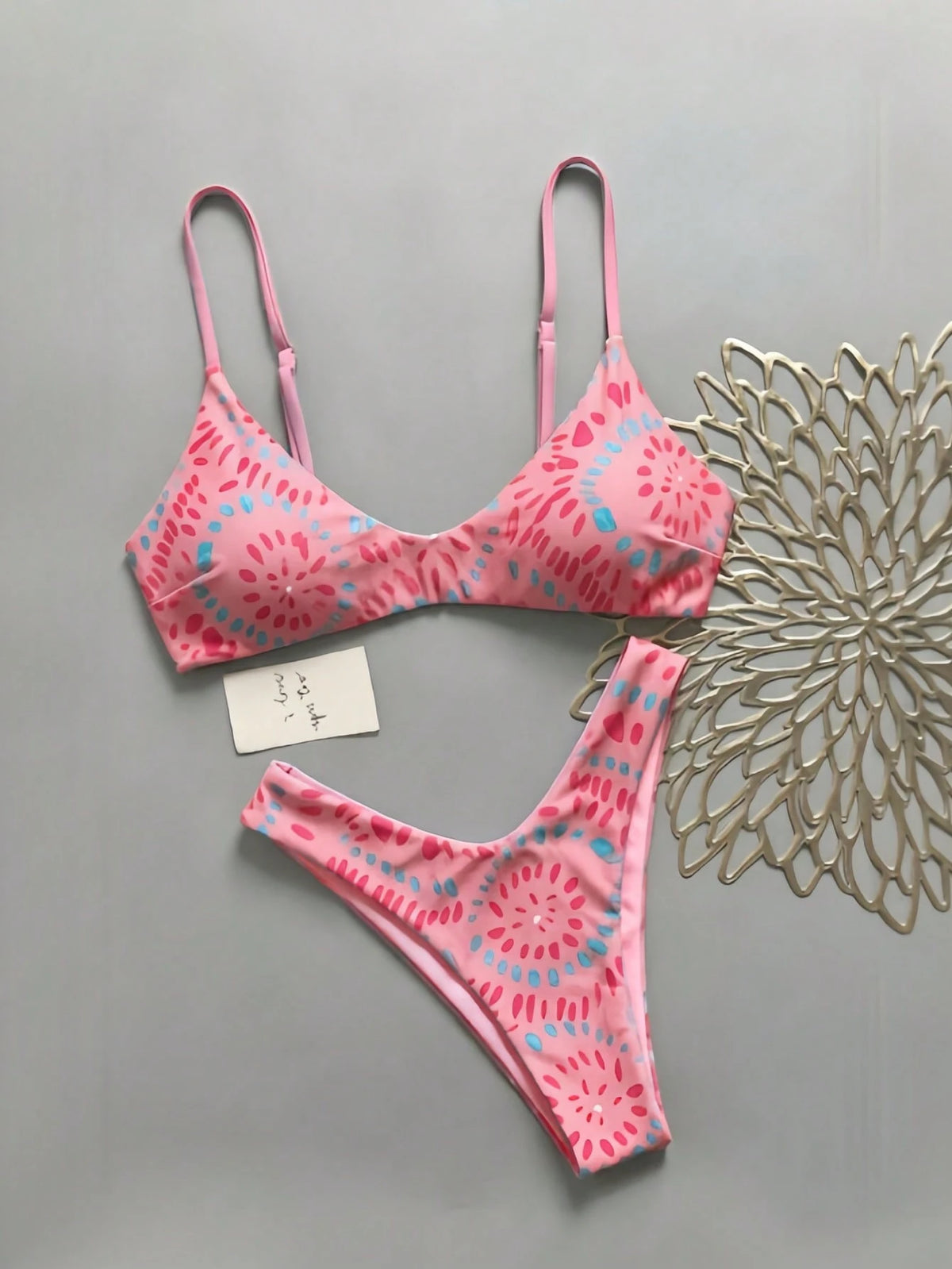 Lucky Girl Summer Women's Blue & Orange Asymmetrical Dot Print Tie-Back 2-Piece Bikini Set Vacation Beach