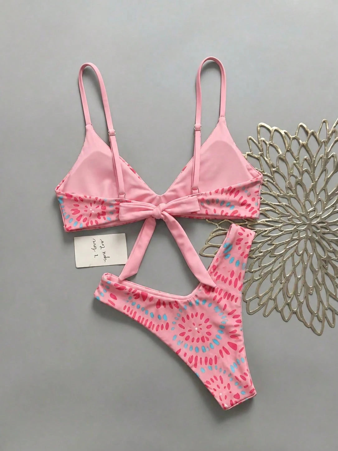 Lucky Girl Summer Women's Blue & Orange Asymmetrical Dot Print Tie-Back 2-Piece Bikini Set Vacation Beach