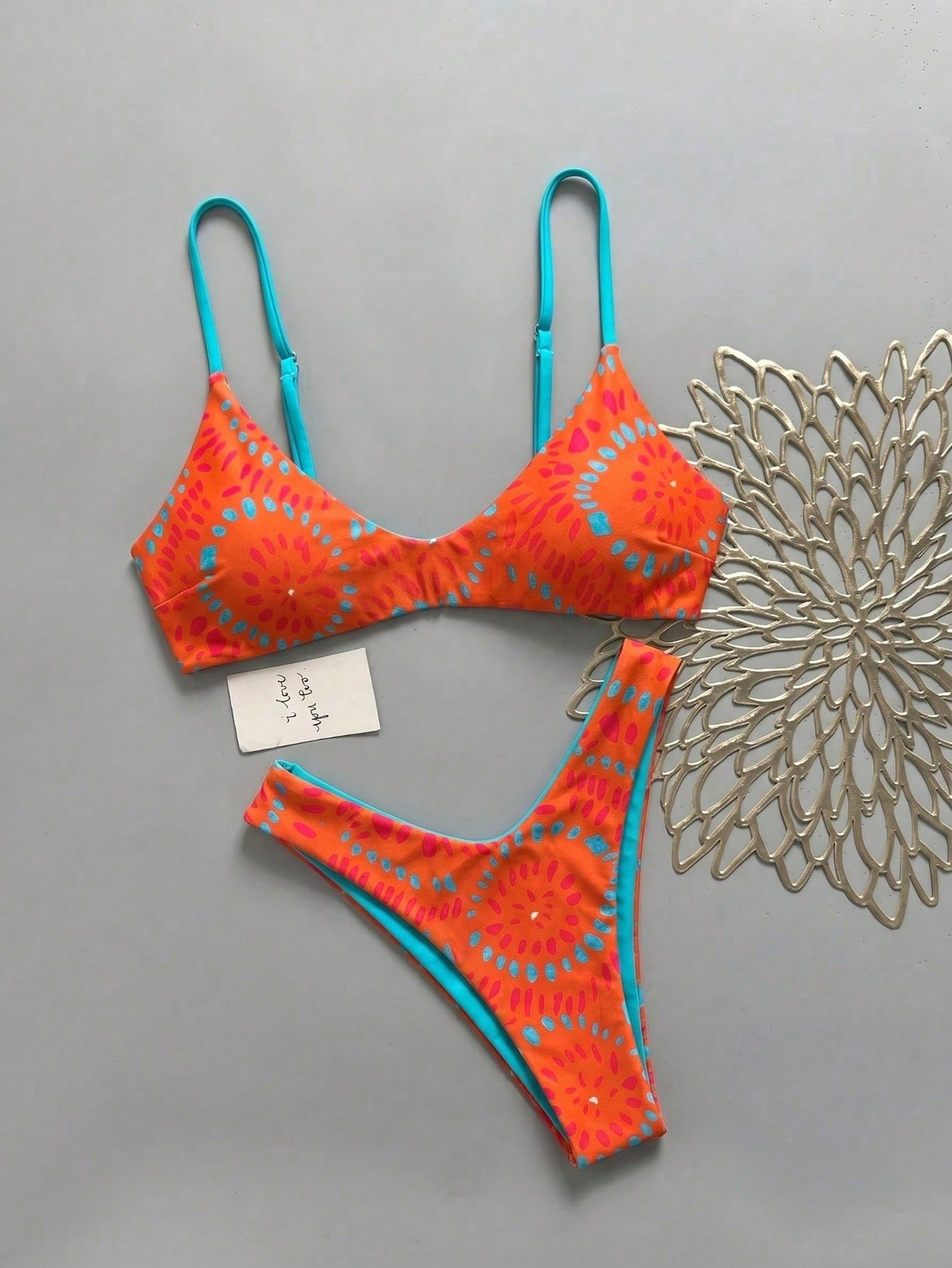 Lucky Girl Summer Women's Blue & Orange Asymmetrical Dot Print Tie-Back 2-Piece Bikini Set Vacation Beach