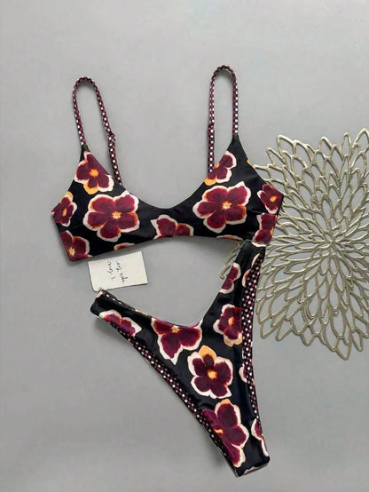 Lucky Girl Women's Reversible Plaid & Floral Print Tie-Back Two Pieces Bikini Set Set, Beach Holiday Vacation Black Summer
