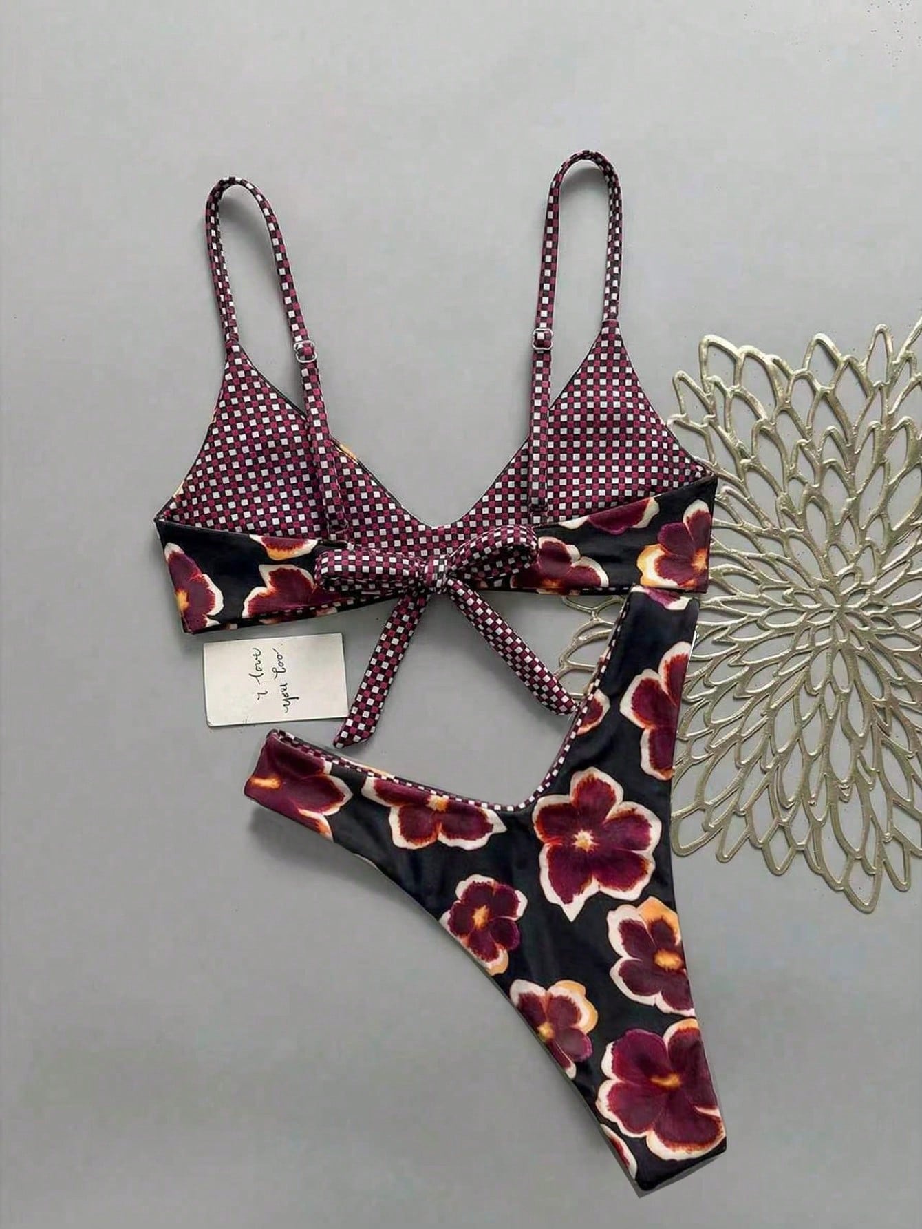 Lucky Girl Women's Reversible Plaid & Floral Print Tie-Back Two Pieces Bikini Set Set, Beach Holiday Vacation Black Summer