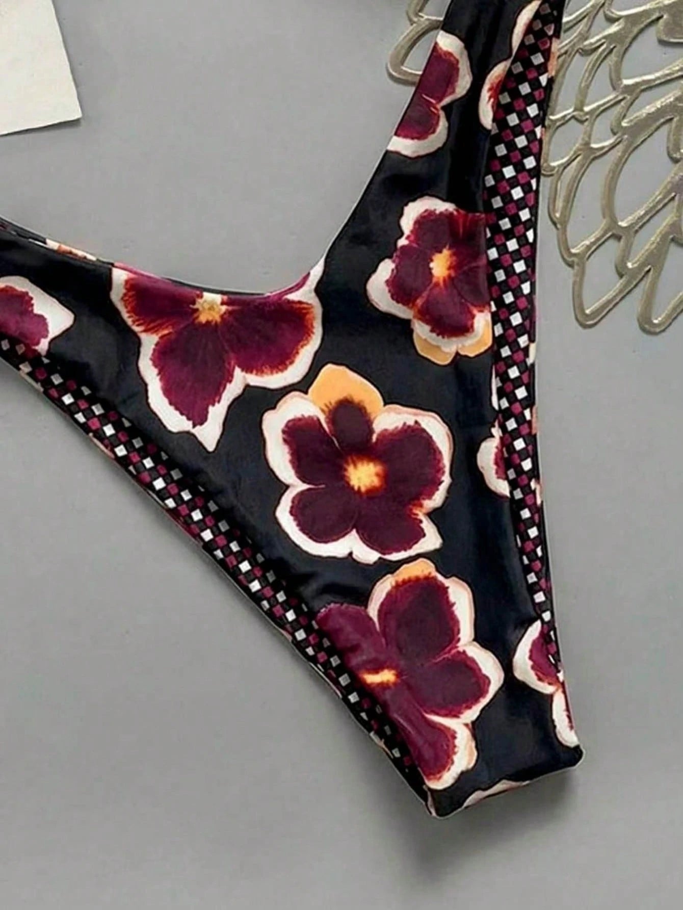 Lucky Girl Women's Reversible Plaid & Floral Print Tie-Back Two Pieces Bikini Set Set, Beach Holiday Vacation Black Summer