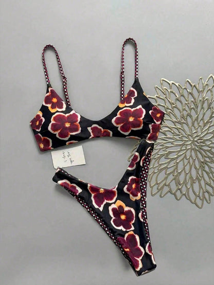 Lucky Girl Women's Reversible Plaid & Floral Print Tie-Back Two Pieces Bikini Set Set, Beach Holiday Vacation Black Summer