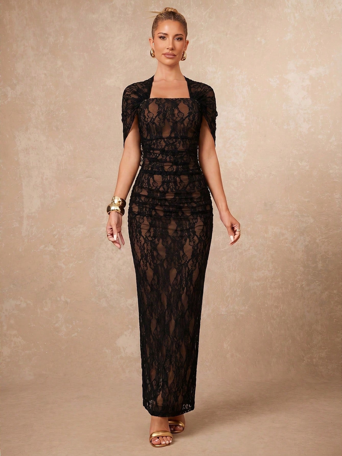 Lumalex Autumn Lace Soft Flowy Fitted Ruched Draped Elegant Bodycon Skirt With Slit Women's Dress Beach Dinner Date-To-Gala Versatility Wedding Black Floral