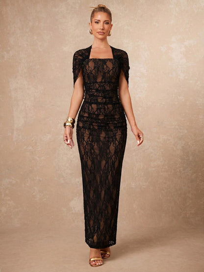 Lumalex Autumn Lace Soft Flowy Fitted Ruched Draped Elegant Bodycon Skirt With Slit Women's Dress Beach Dinner Date-To-Gala Versatility Wedding Black Floral