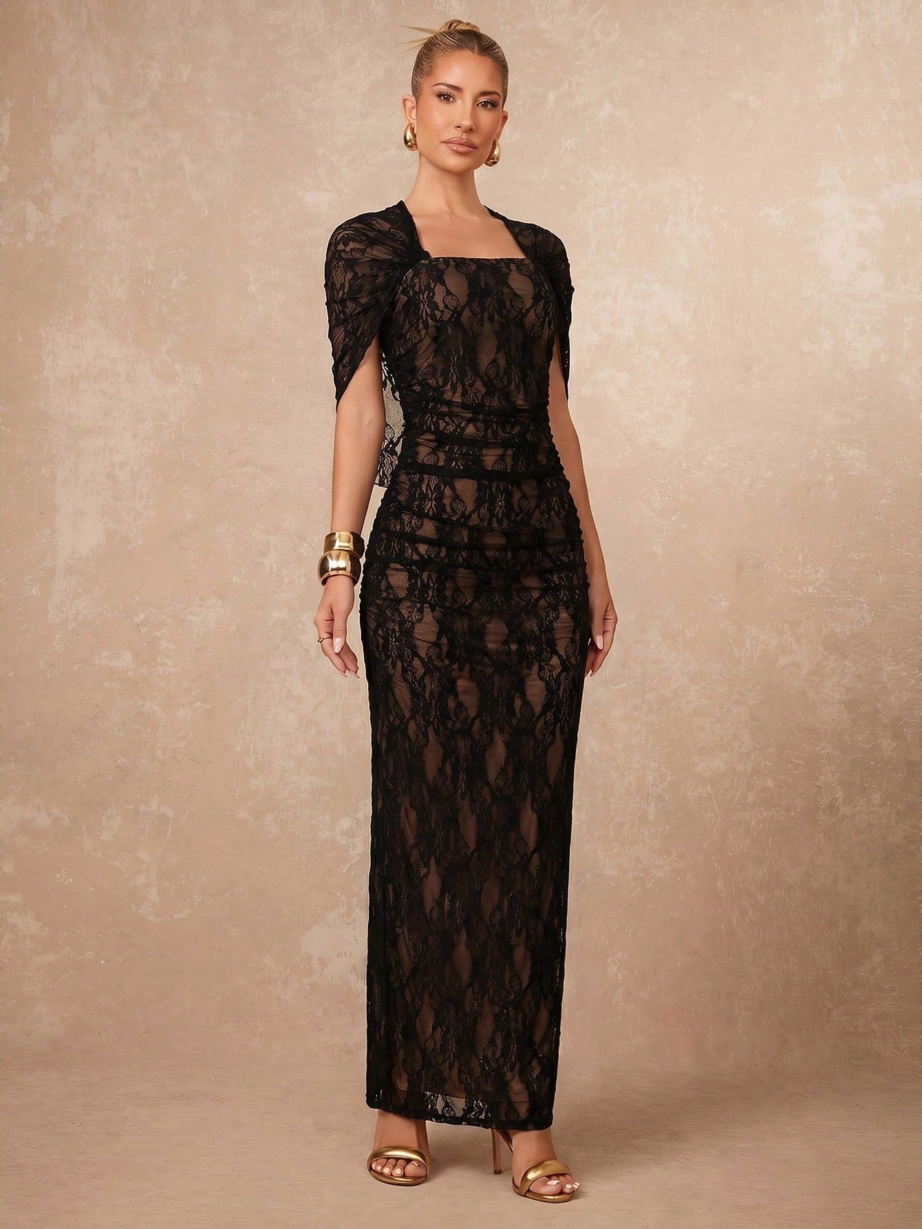 Lumalex Autumn Lace Soft Flowy Fitted Ruched Draped Elegant Bodycon Skirt With Slit Women's Dress Beach Dinner Date-To-Gala Versatility Wedding Black Floral