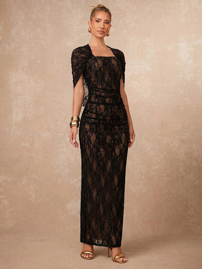 Lumalex Autumn Lace Soft Flowy Fitted Ruched Draped Elegant Bodycon Skirt With Slit Women's Dress Beach Dinner Date-To-Gala Versatility Wedding Black Floral