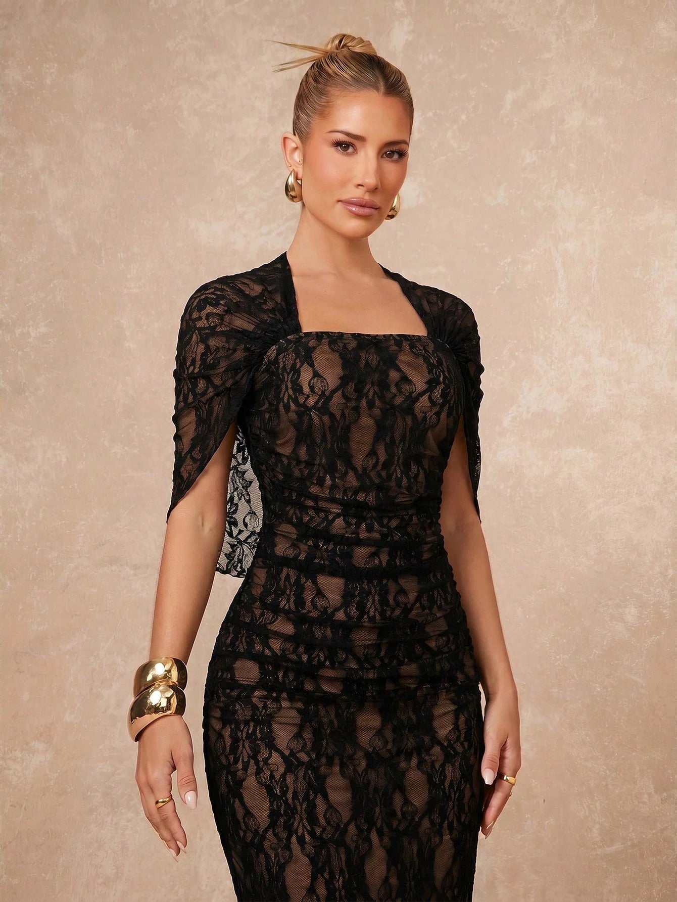 Lumalex Autumn Lace Soft Flowy Fitted Ruched Draped Elegant Bodycon Skirt With Slit Women's Dress Beach Dinner Date-To-Gala Versatility Wedding Black Floral