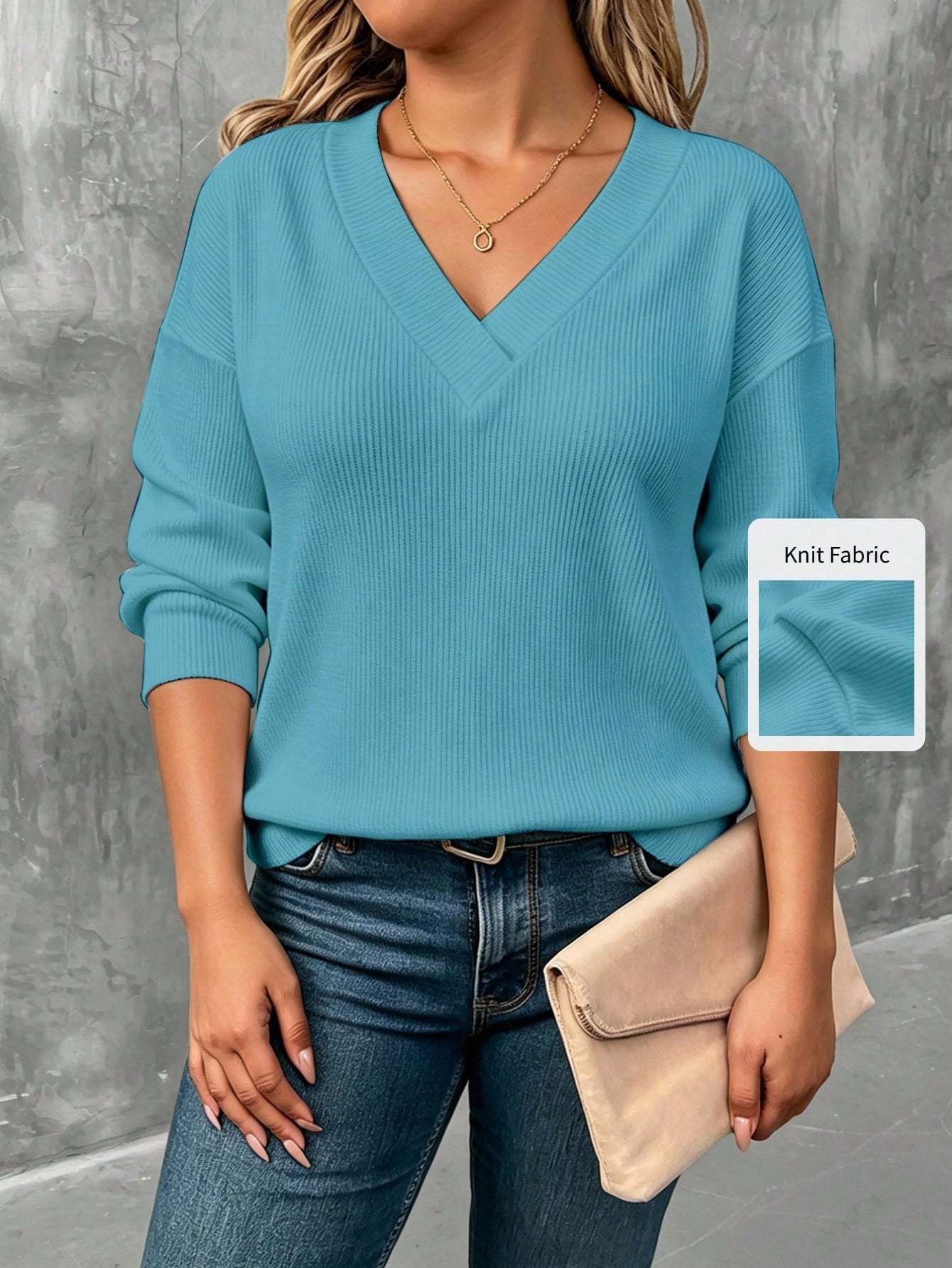 LUNE CURVE Fashion Plus Size Solid Color Knit Striped Long Sleeve Women's T-Shirt