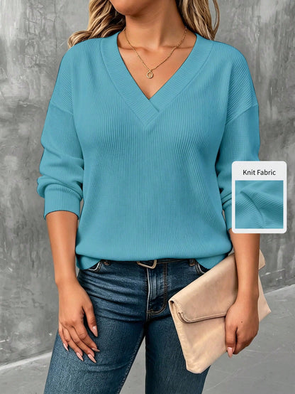 LUNE CURVE Fashion Plus Size Solid Color Knit Striped Long Sleeve Women's T-Shirt