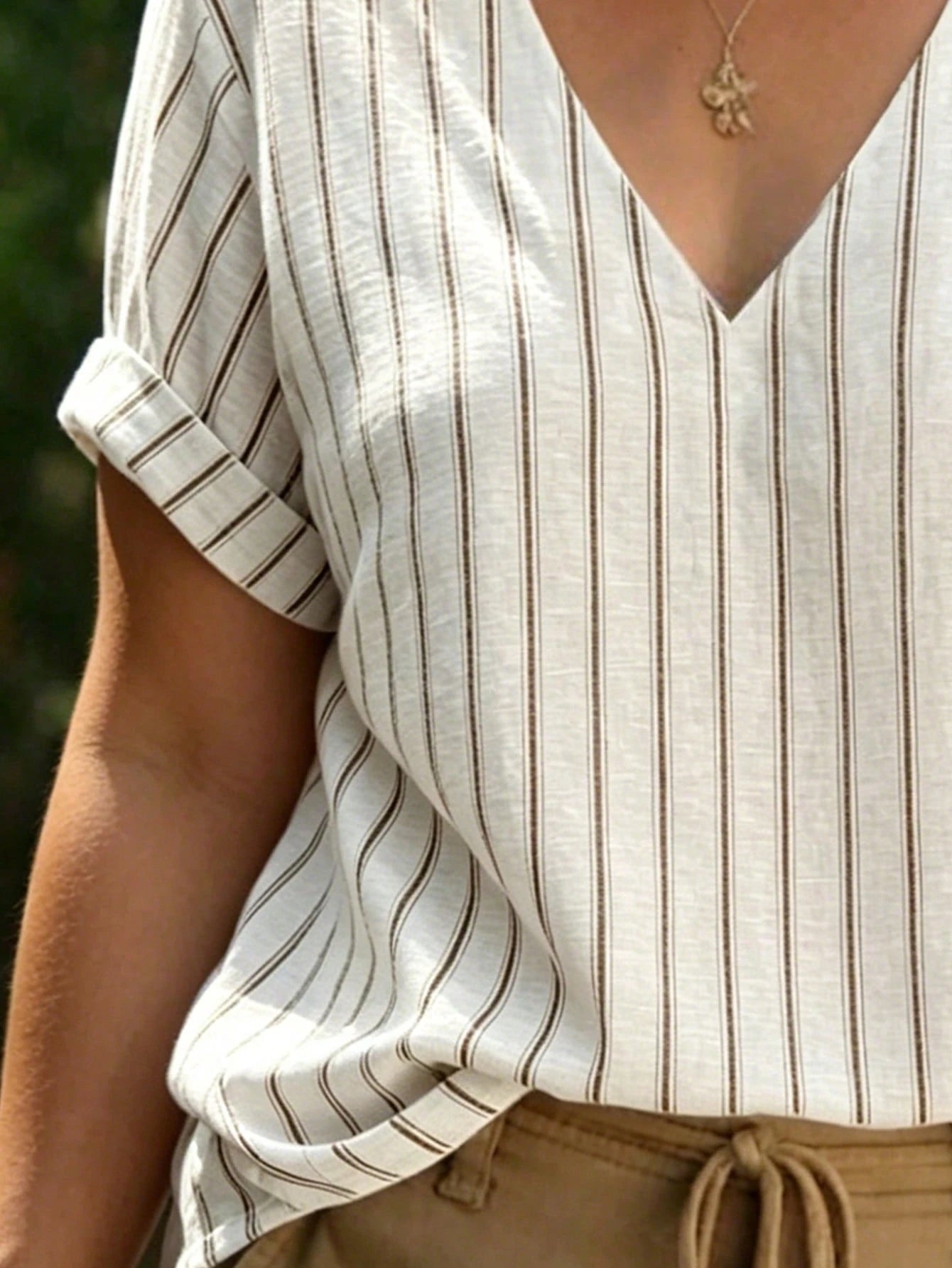 LUNE CURVE Plus Size Women's Woven Casual Striped V-Neck Business Casual Summer Shirt